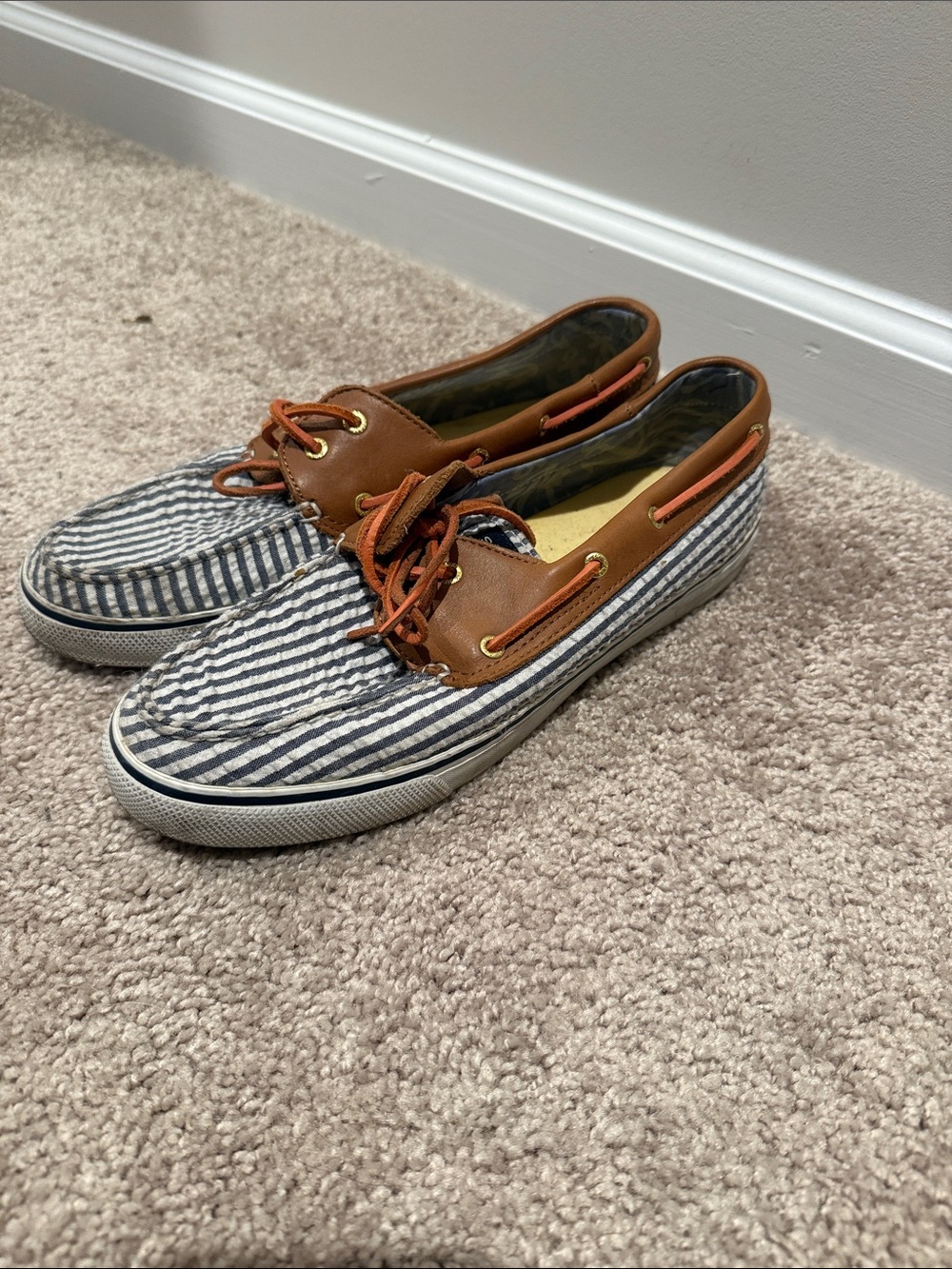 Sperry Striped Canvas Boat Shoes with Tan Leather Trim